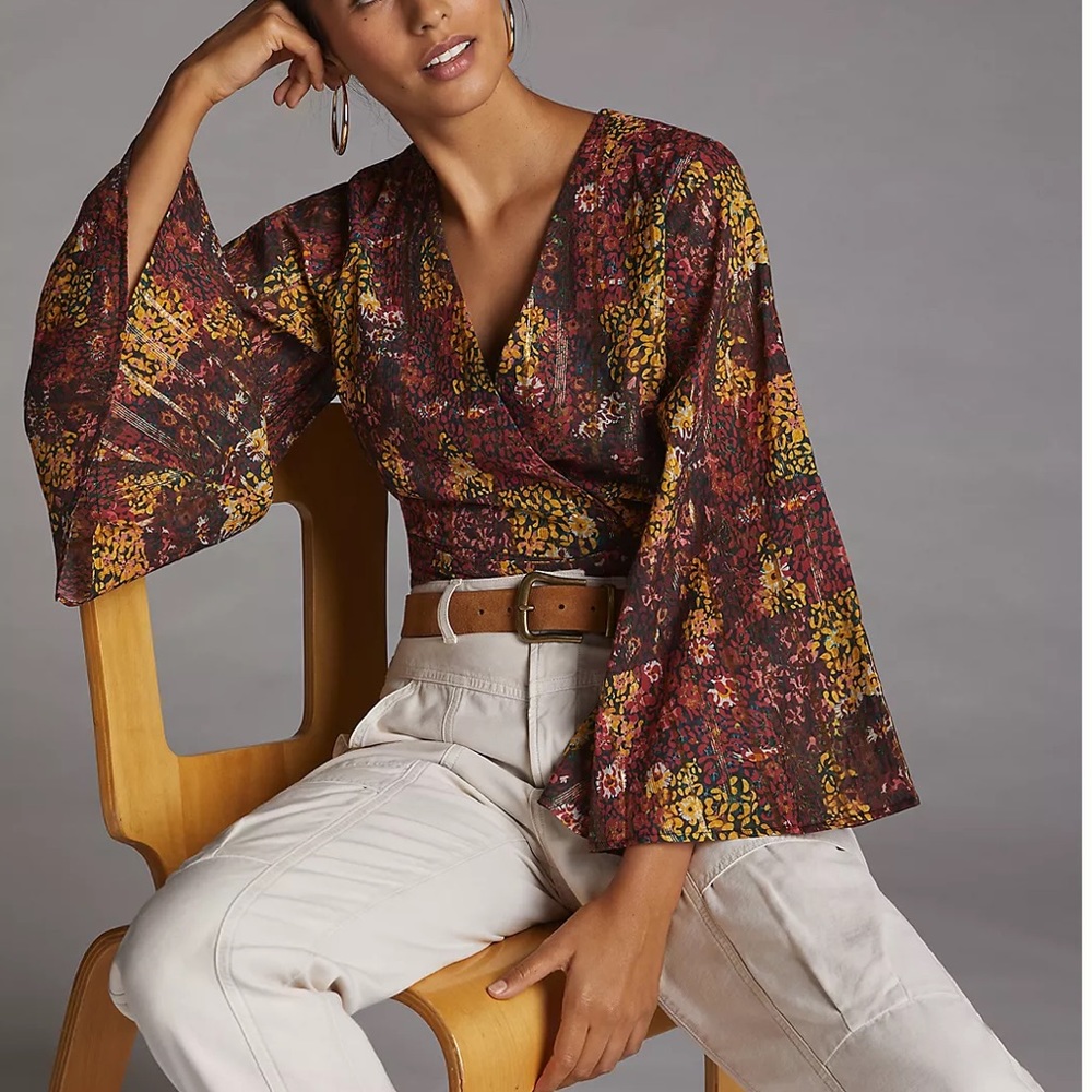 Anthropologie Roopa Pemmaraju Bell-Sleeved Wrap Blouse XL